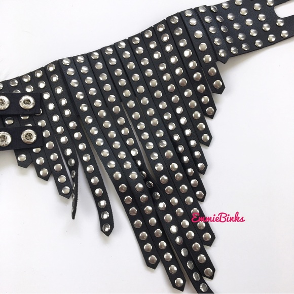 New Black Leather Studded Fringe Collar Statement Necklace - Picture 12 of 16